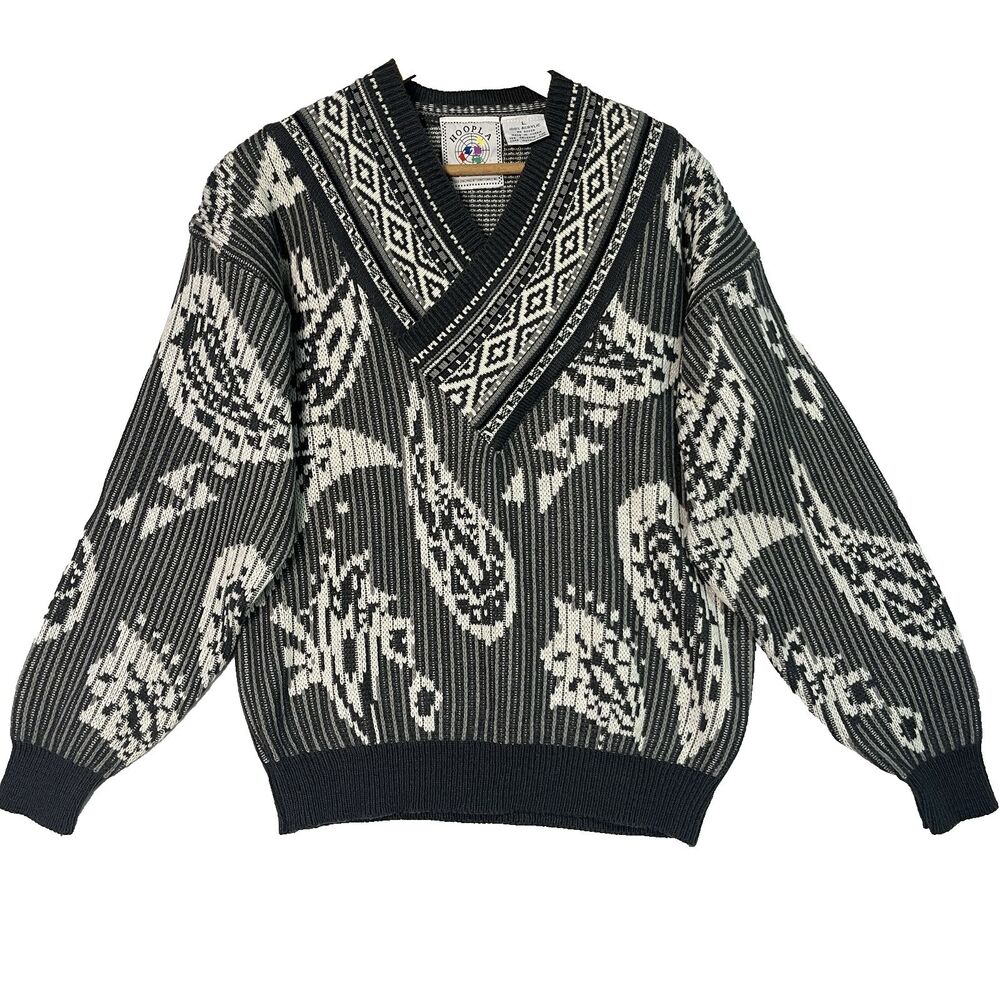 VTG 90s Hoopla Fair Isle Sweater Sz L Paisley Bandana Chunky Knit 1989 Chazwas